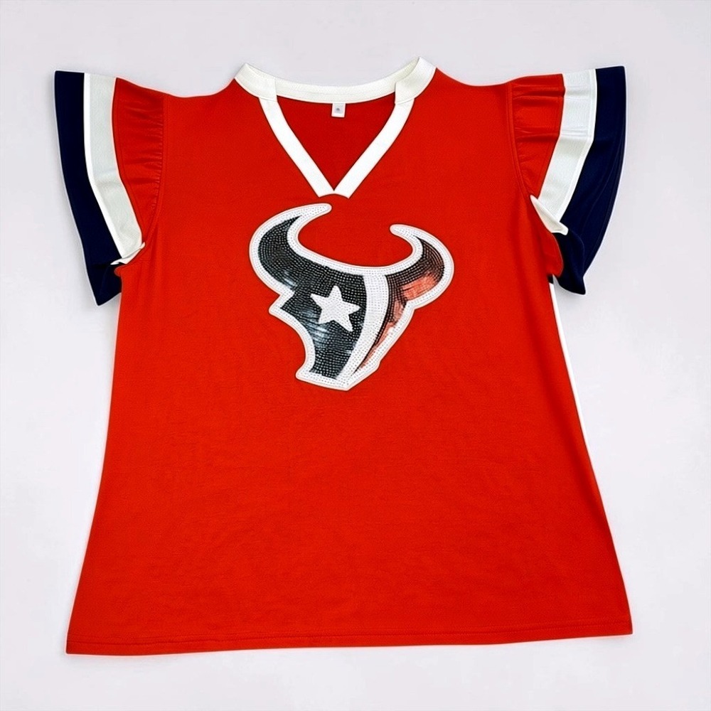 Houston Texans Red Sequin Logo Ruffle Sleeve V-Neck Fan Top Womens XL